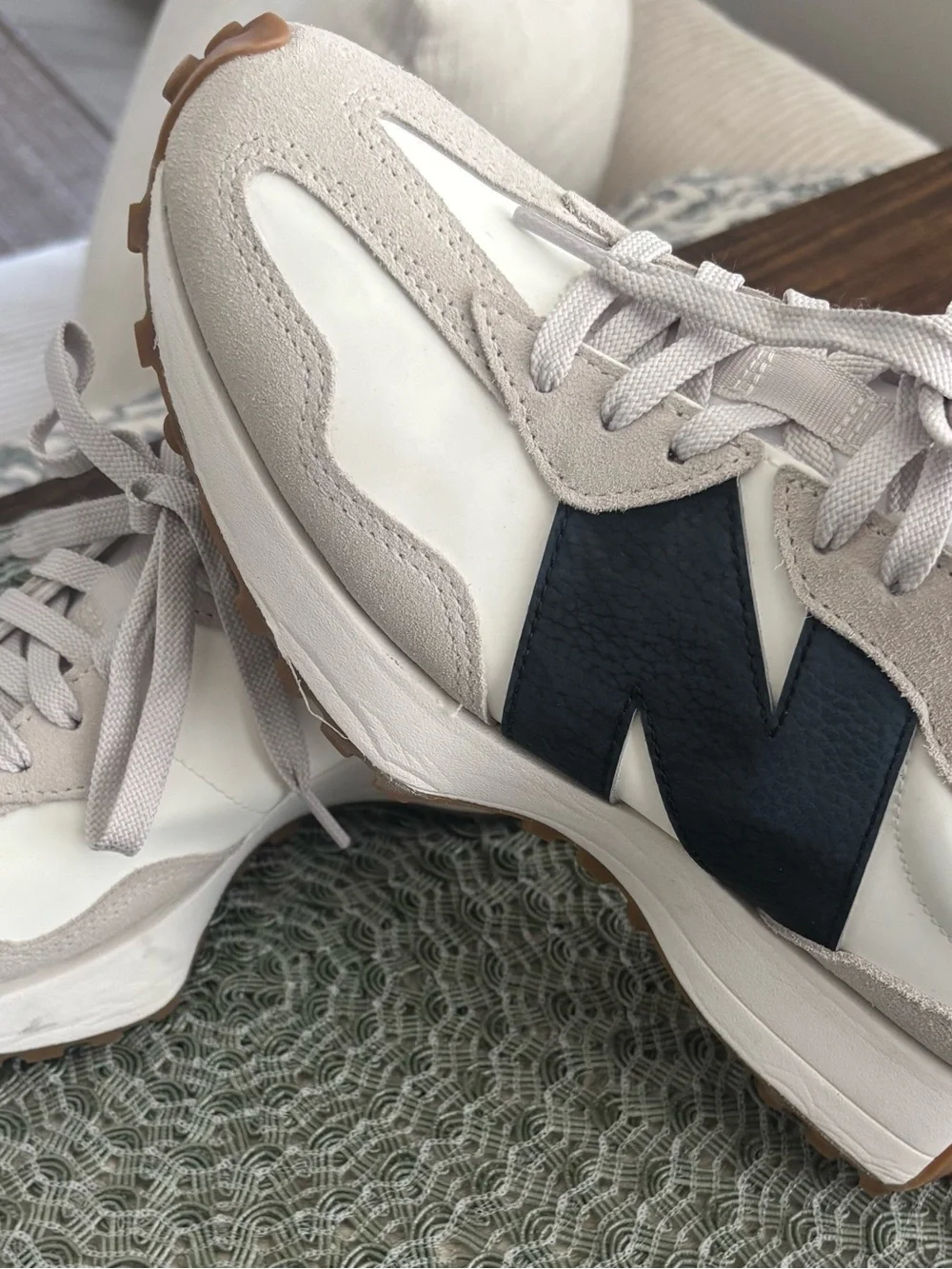 New Balance White & Beige 327 Sneakers - Picture 1 of 8